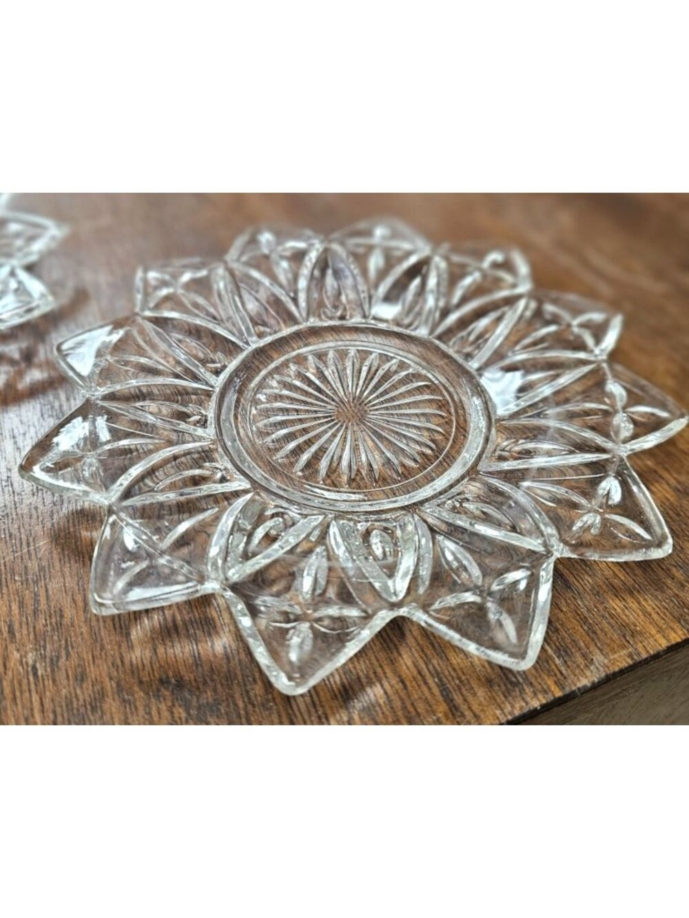 Vintage Federal Glass 12 pt starburst sunflower dish Clear Set 2